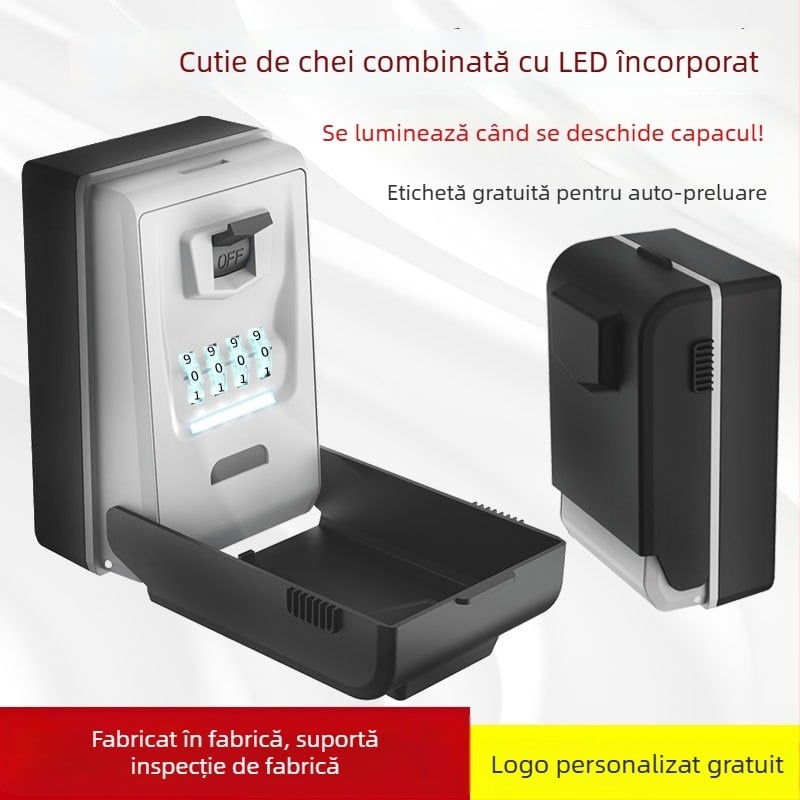 Cutie pentru chei iluminată cu LED și parolă, montată pe perete, impermeabilă, alimentată cu baterii, pentru depozitarea cheilor, cardurilor și USB-urilor