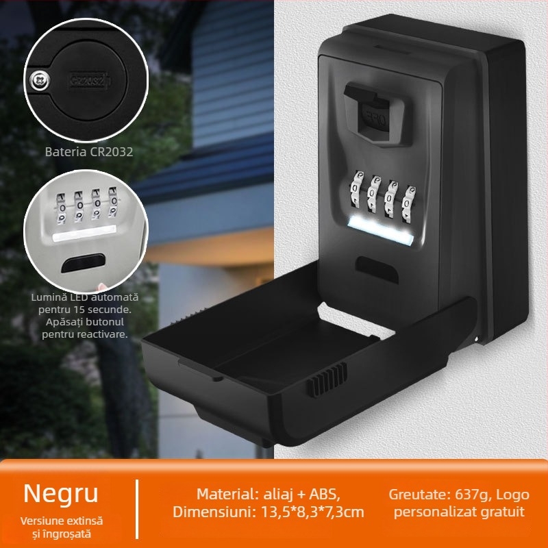 Cutie pentru chei iluminată cu LED și parolă, montată pe perete, impermeabilă, alimentată cu baterii, pentru depozitarea cheilor, cardurilor și USB-urilor