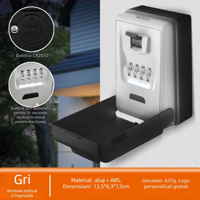 Cutie pentru chei iluminată cu LED și parolă, montată pe perete, impermeabilă, alimentată cu baterii, pentru depozitarea cheilor, cardurilor și USB-urilor