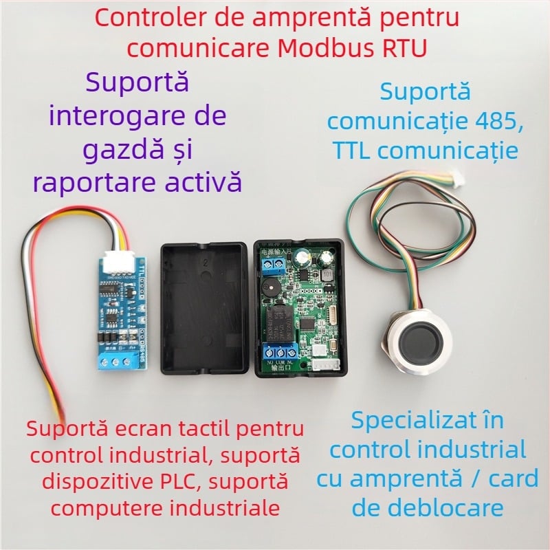Dispozitiv de recunoaștere a amprentelor cu comunicare Modbus RTU, RS-485, ecran tactil industrial și PLC cu relee