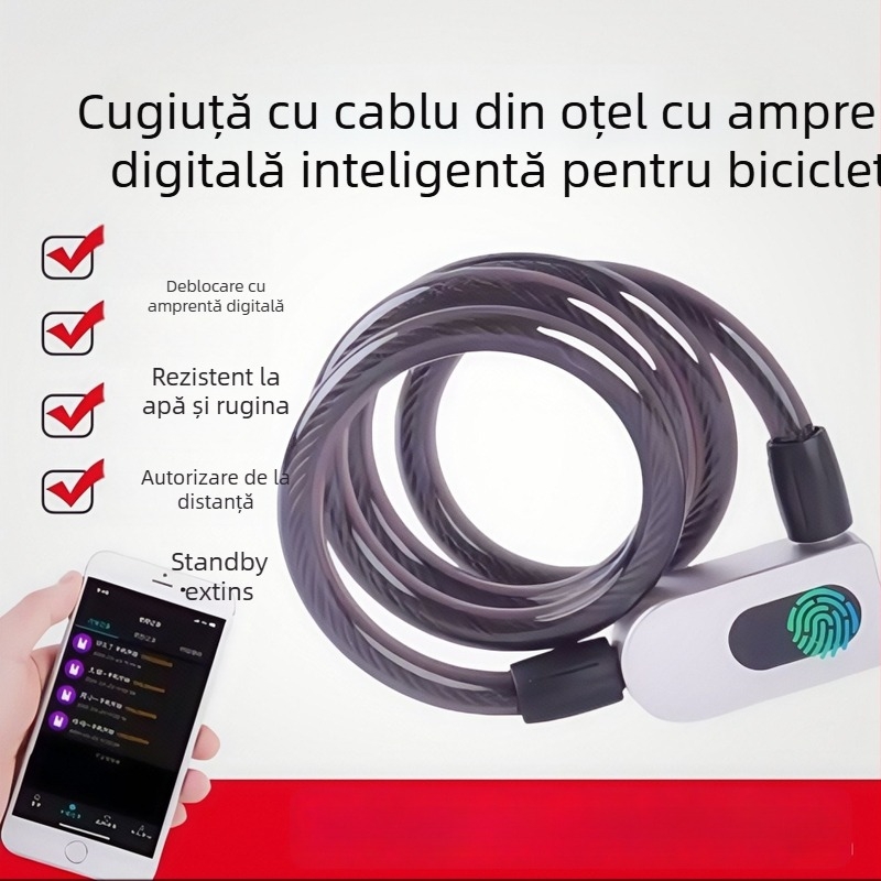 Lacăt inteligent pentru bicicletă cu amprentă și inel din oțel, cablu; 60 de amprente stocate, deblocare <0,5 s, rată de acceptare falsă <0,005%, alimentare DC, interval -20°C până la 70°C