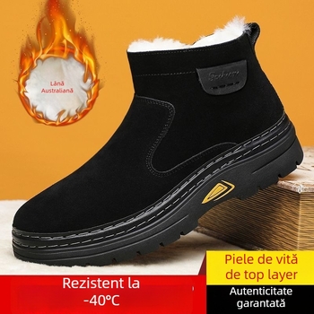 Ghete de zăpadă pentru bărbați, stil korean, partea superioară din piele velur de vițel, căptușeală din lână și cașmir, talpă din cauciuc antiderapant, vârf rotund
