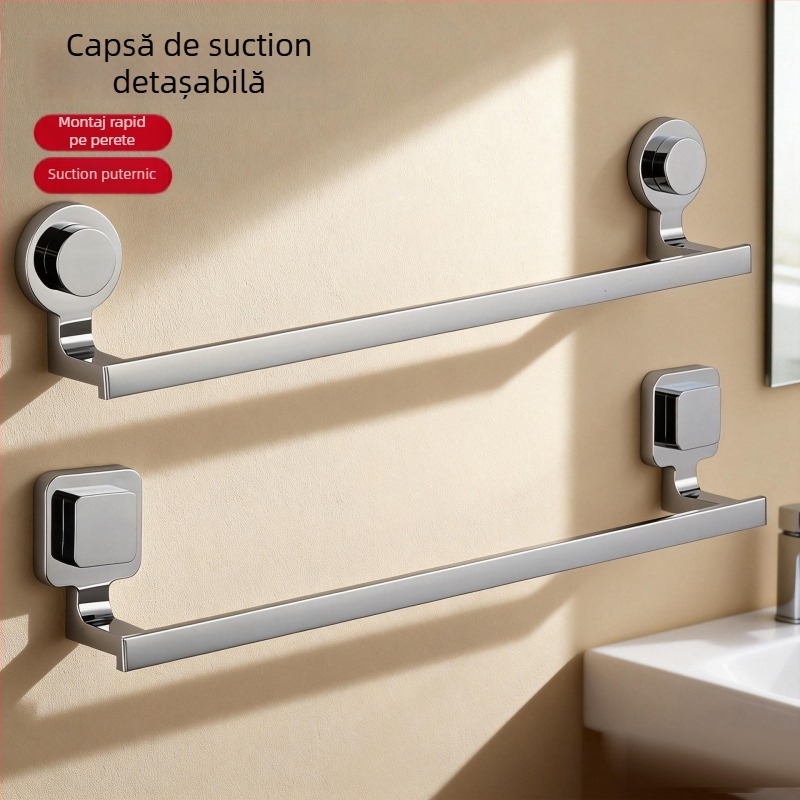 Suport prosoape cu ventuză – oțel inoxidabil și ABS, fără găuri, cu o singură bară pentru baie