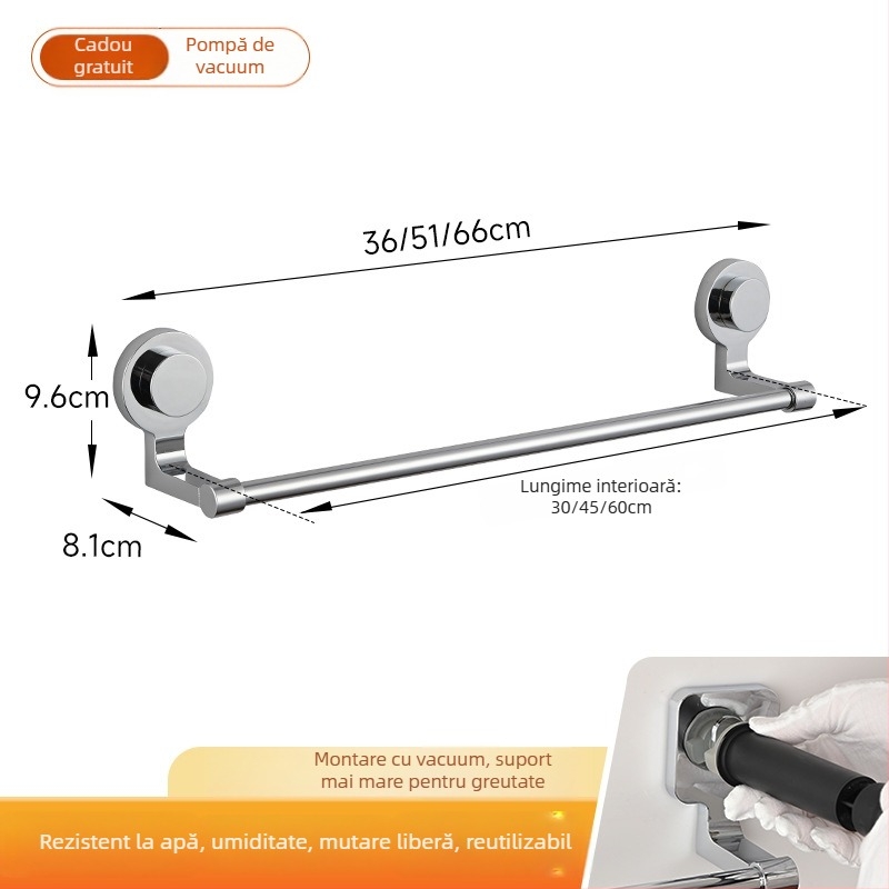 Suport prosoape cu ventuză – oțel inoxidabil și ABS, fără găuri, cu o singură bară pentru baie