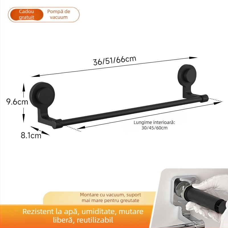 Suport prosoape cu ventuză – oțel inoxidabil și ABS, fără găuri, cu o singură bară pentru baie