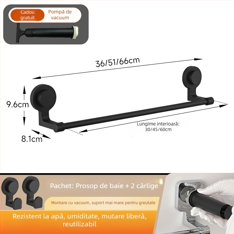 Suport prosoape cu ventuză – oțel inoxidabil și ABS, fără găuri, cu o singură bară pentru baie