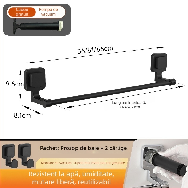 Suport prosoape cu ventuză – oțel inoxidabil și ABS, fără găuri, cu o singură bară pentru baie