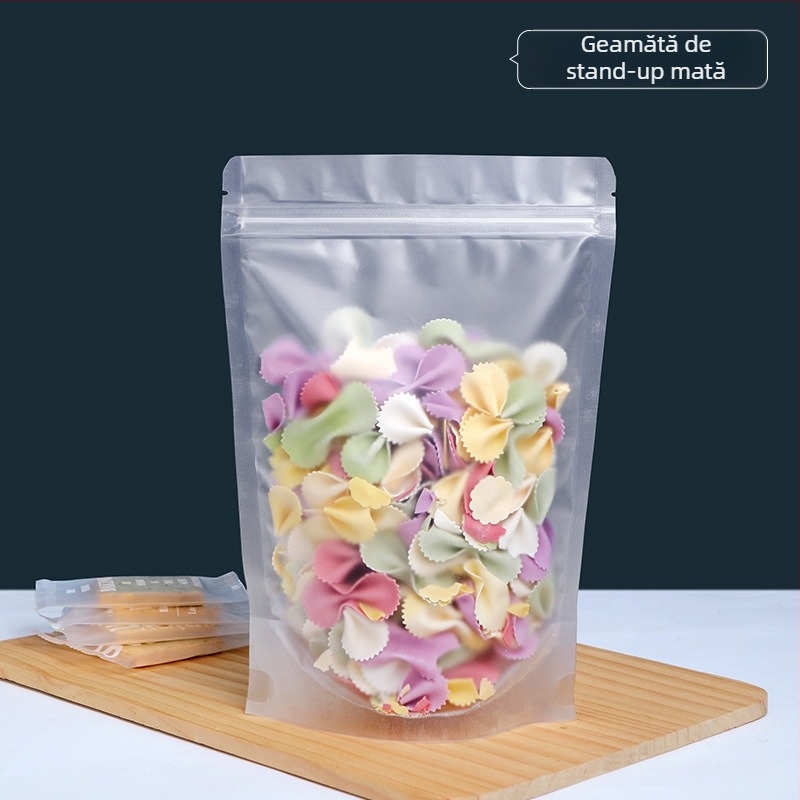 Stand-Up pungă Centrino, ambalaj dublu PET-PE, pungă cu finisaj mat, lungimea sigilării 10–30 cm, pentru ambalare cadouri și alimente