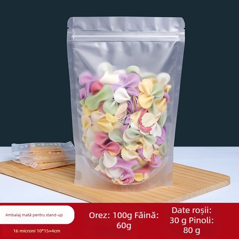 Stand-Up pungă Centrino, ambalaj dublu PET-PE, pungă cu finisaj mat, lungimea sigilării 10–30 cm, pentru ambalare cadouri și alimente