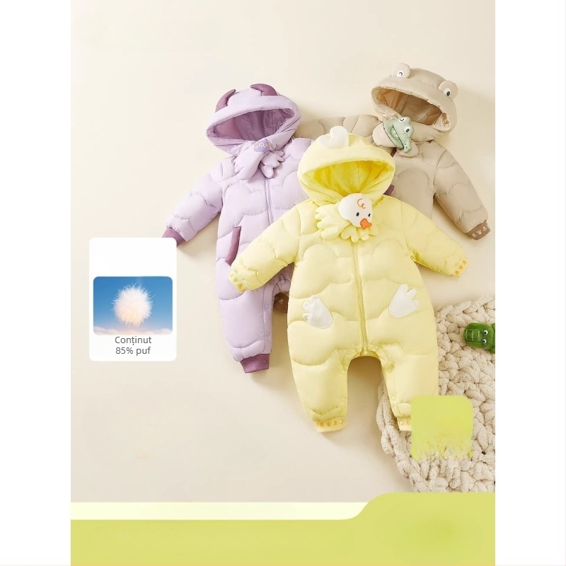 Salopetă unisex cu puf pentru nou-născuți, iarna 2025, umplutură din puf alb de rață 91–94%, exterior din nylon 100%
