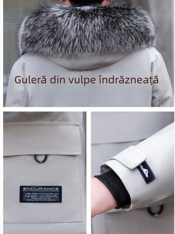 Pardă de blană artificială pentru bărbați, cu căptușeală detașabilă din blană de nurcă și guler din blană de vulpe, închidere cu fermoar, lungime medie