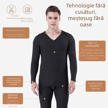 Set termic pentru bărbați, fără cusături, cu căptușeală fleece – croială slim, top cu decolteu în V și pantaloni cu talie medie, din poliester cu elastan
