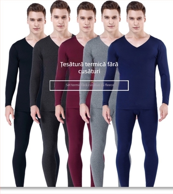 Set termic pentru bărbați, fără cusături, cu căptușeală fleece – croială slim, top cu decolteu în V și pantaloni cu talie medie, din poliester cu elastan