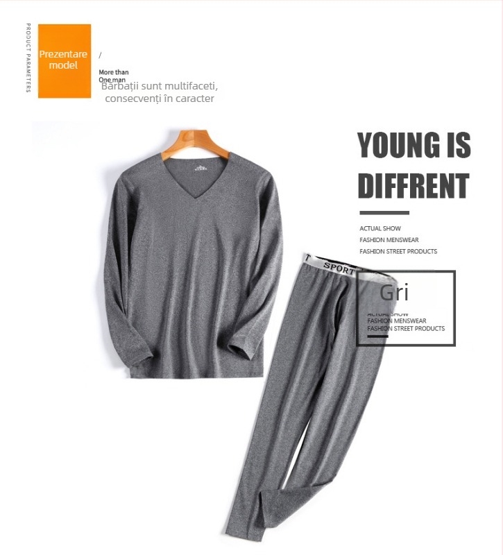 Set termic pentru bărbați, fără cusături, cu căptușeală fleece – croială slim, top cu decolteu în V și pantaloni cu talie medie, din poliester cu elastan