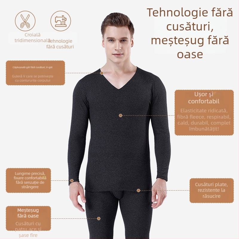 Set termic pentru bărbați, fără cusături, cu căptușeală fleece – croială slim, top cu decolteu în V și pantaloni cu talie medie, din poliester cu elastan