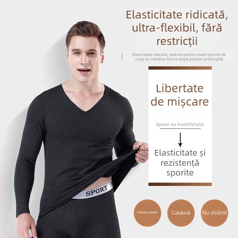 Set termic pentru bărbați, fără cusături, cu căptușeală fleece – croială slim, top cu decolteu în V și pantaloni cu talie medie, din poliester cu elastan