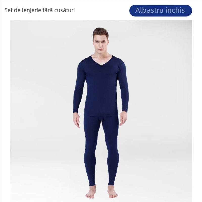 Set termic pentru bărbați, fără cusături, cu căptușeală fleece – croială slim, top cu decolteu în V și pantaloni cu talie medie, din poliester cu elastan
