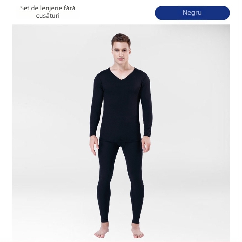 Set termic pentru bărbați, fără cusături, cu căptușeală fleece – croială slim, top cu decolteu în V și pantaloni cu talie medie, din poliester cu elastan