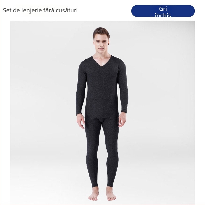 Set termic pentru bărbați, fără cusături, cu căptușeală fleece – croială slim, top cu decolteu în V și pantaloni cu talie medie, din poliester cu elastan
