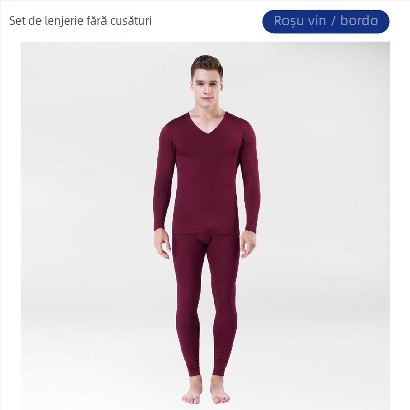 Set termic pentru bărbați, fără cusături, cu căptușeală fleece – croială slim, top cu decolteu în V și pantaloni cu talie medie, din poliester cu elastan