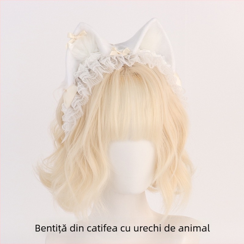 Bandă pentru cap cu urechi de pisică din dantelă – handmade, fibră poliester, design original, unisex, primăvara 2025, brand: New Domain