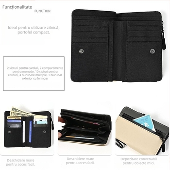 Portofel bărbăteasc din piele naturală, cu două pliuri, cu mai multe compartimente pentru carduri, compartiment pentru monede și fermoar