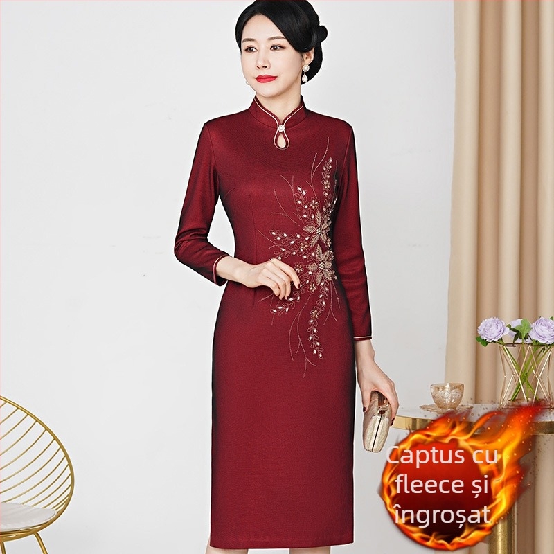rochie cu mărgele și guler înalt, croială Slim, pentru femei mature, stil elegant de birou, satin brocat, 90–95% poliester, broderie cu mărgele