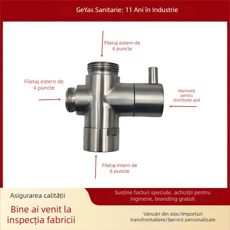 Distribuitor de apă cu trei căi, intrare 1, ieșire 2 – oțel inoxidabil 304, finisaj periat, instalație de separare a apei, 0–90°C