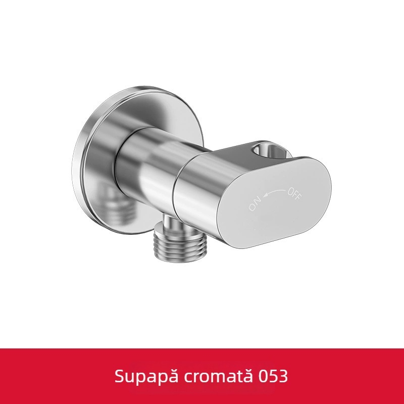 Supapă unghiulară mini din cupru, pentru montaj în perete, cu 1 intrare și 2 ieșiri, suport integrat și întrerupător independent
