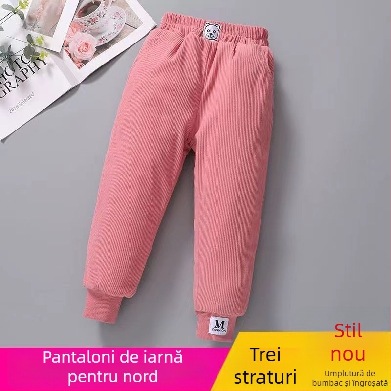 Pantaloni pentru fetițe cu căptușeală de fleece, din bumbac gros, cu căldură quilted în trei straturi, casual pentru exterior iarna