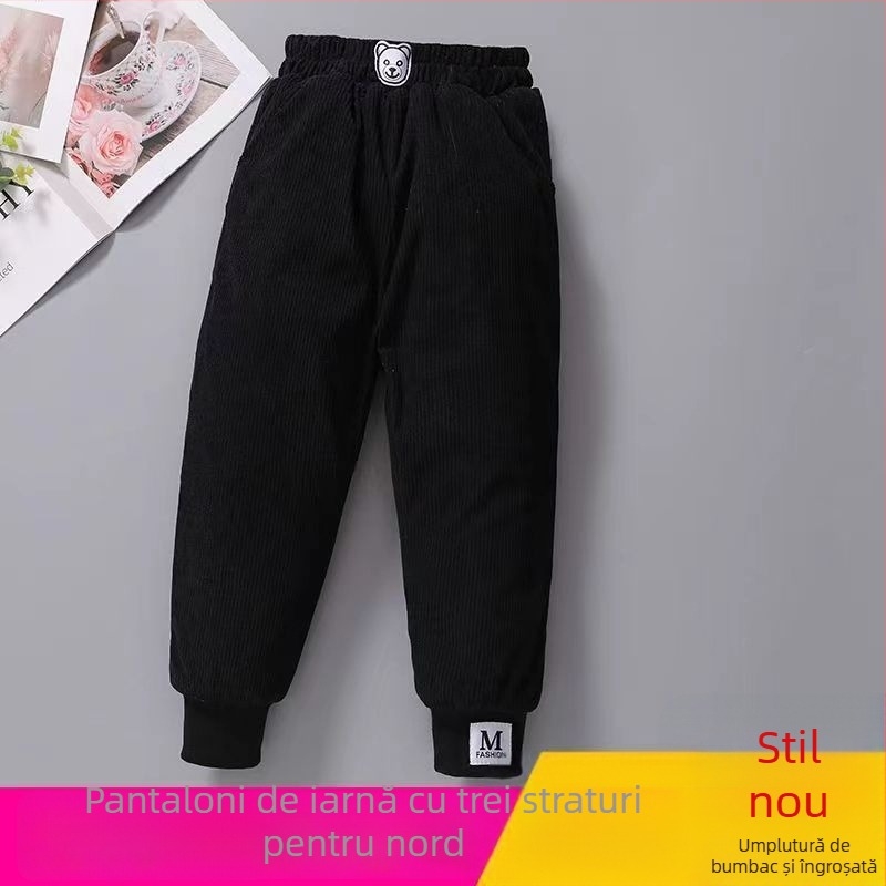 Pantaloni pentru fetițe cu căptușeală de fleece, din bumbac gros, cu căldură quilted în trei straturi, casual pentru exterior iarna