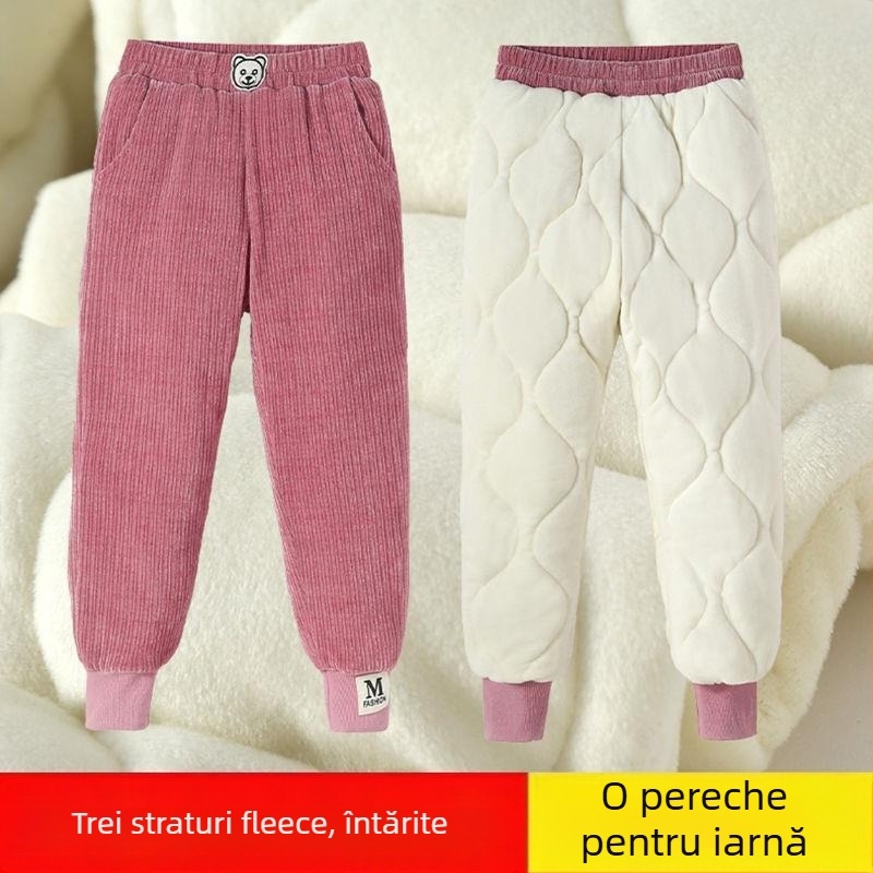 Pantaloni pentru fetițe cu căptușeală de fleece, din bumbac gros, cu căldură quilted în trei straturi, casual pentru exterior iarna