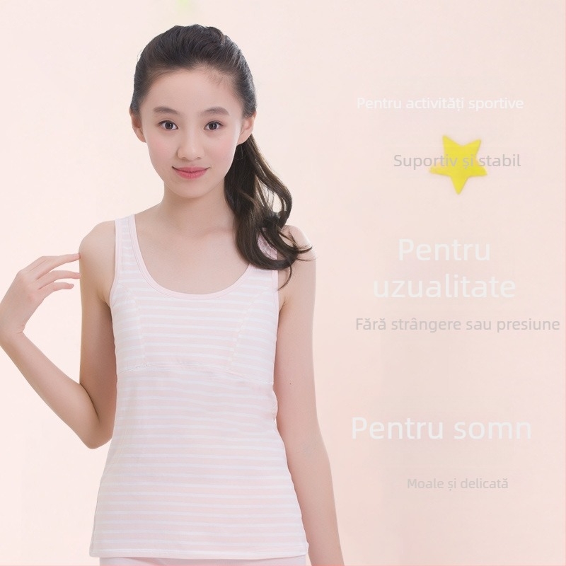 Maiou pentru fete în perioada de dezvoltare, cu pernă fixă la bust, 9–13 ani, guler rotund, 95% bumbac, toate sezoanele