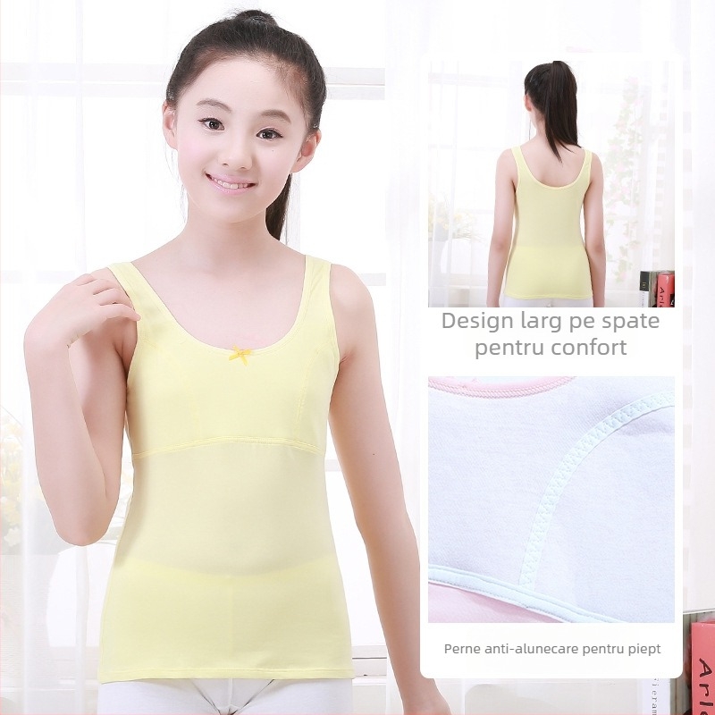 Maiou pentru fete în perioada de dezvoltare, cu pernă fixă la bust, 9–13 ani, guler rotund, 95% bumbac, toate sezoanele