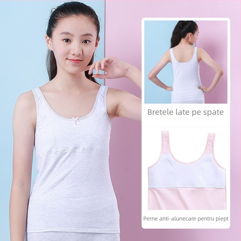 Maiou pentru fete în perioada de dezvoltare, cu pernă fixă la bust, 9–13 ani, guler rotund, 95% bumbac, toate sezoanele