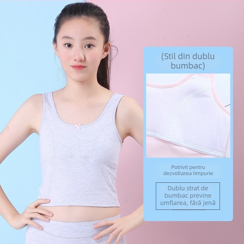 Maiou pentru fete în perioada de dezvoltare, cu pernă fixă la bust, 9–13 ani, guler rotund, 95% bumbac, toate sezoanele