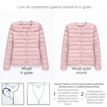 Jachetă ușoară de damă, cu umplutură din imitație de mătase și bumbac, fără guler, croială mulată, lungime ultra- scurtă ≤40 cm; material principal: poliester; conținutul materialului principal: sub 30% elastan.