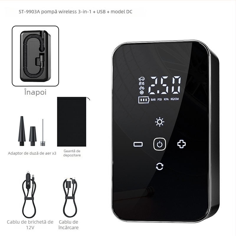 Pompa auto pentru cauciucuri, afișaj digital, 12V, 80W, 35 L/min, încărcare USB