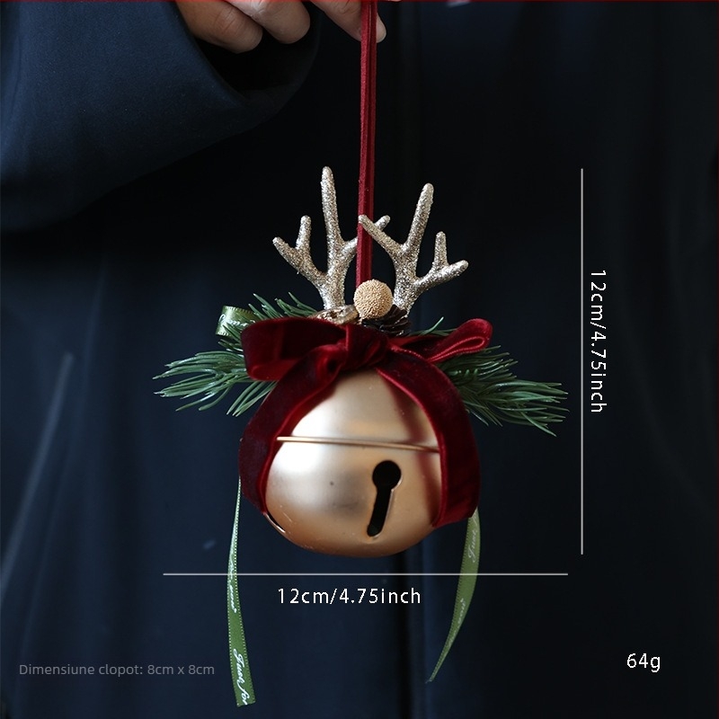 Decorațiune de ușă de Crăciun cu fundă și clopot, accent con de pin, metal și lemn