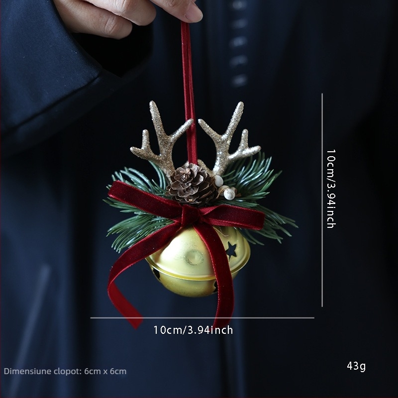 Decorațiune de ușă de Crăciun cu fundă și clopot, accent con de pin, metal și lemn