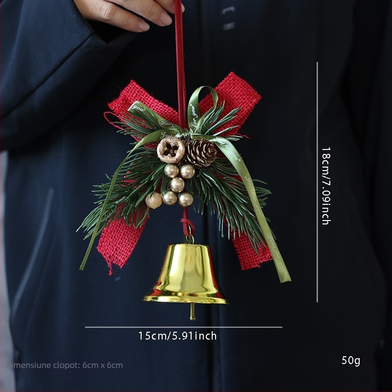 Decorațiune de ușă de Crăciun cu fundă și clopot, accent con de pin, metal și lemn