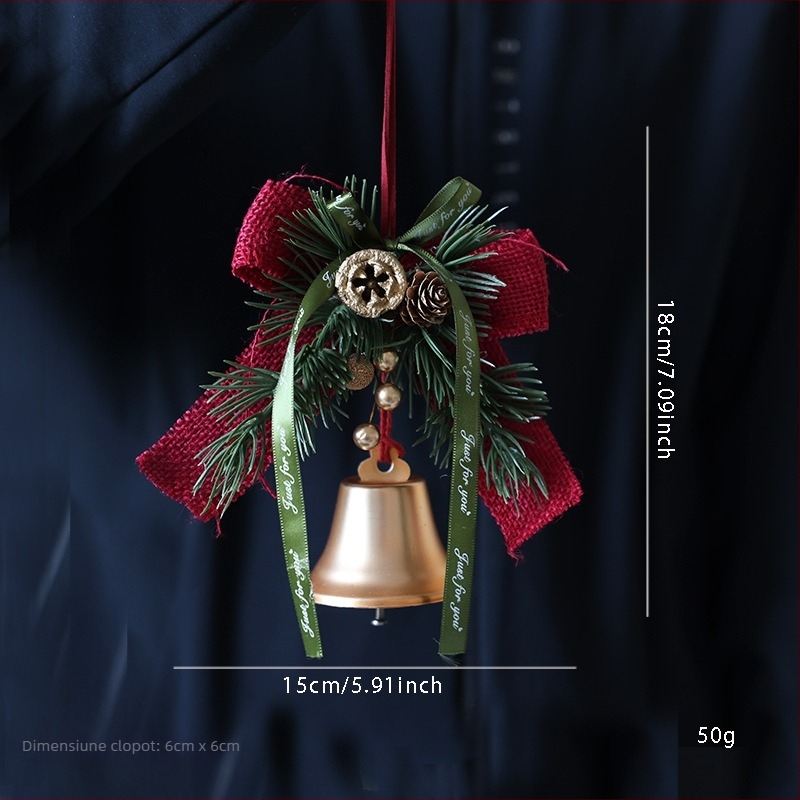 Decorațiune de ușă de Crăciun cu fundă și clopot, accent con de pin, metal și lemn