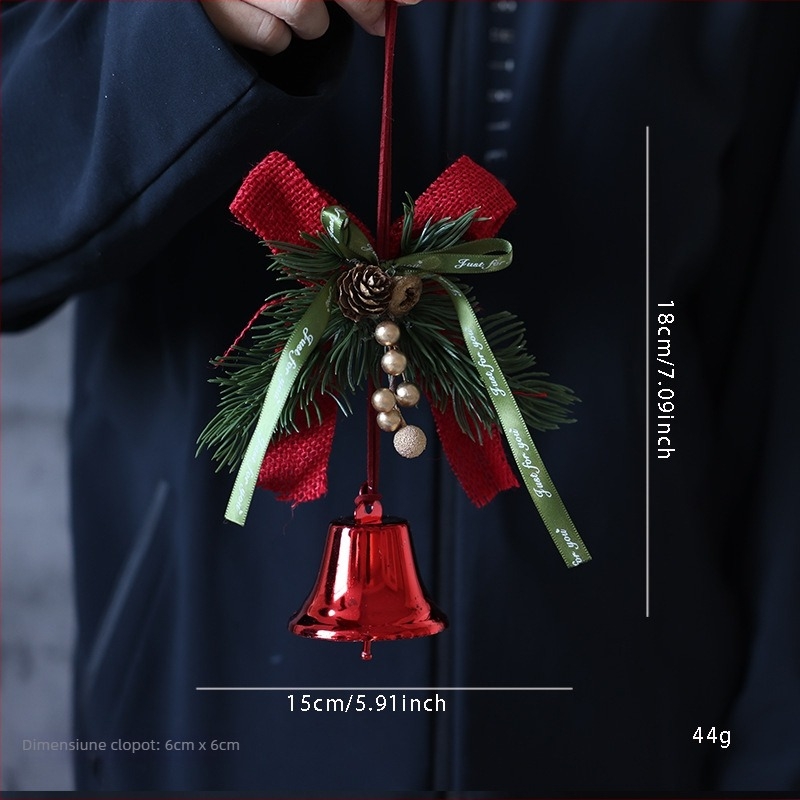 Decorațiune de ușă de Crăciun cu fundă și clopot, accent con de pin, metal și lemn