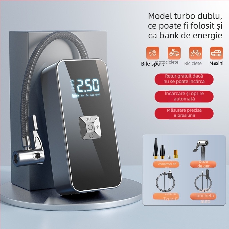 Pompa de aer pentru mașină fără fir cu afișaj digital, încărcare USB, debit aer 35 L/min, sub 80 W, greutate 465 g