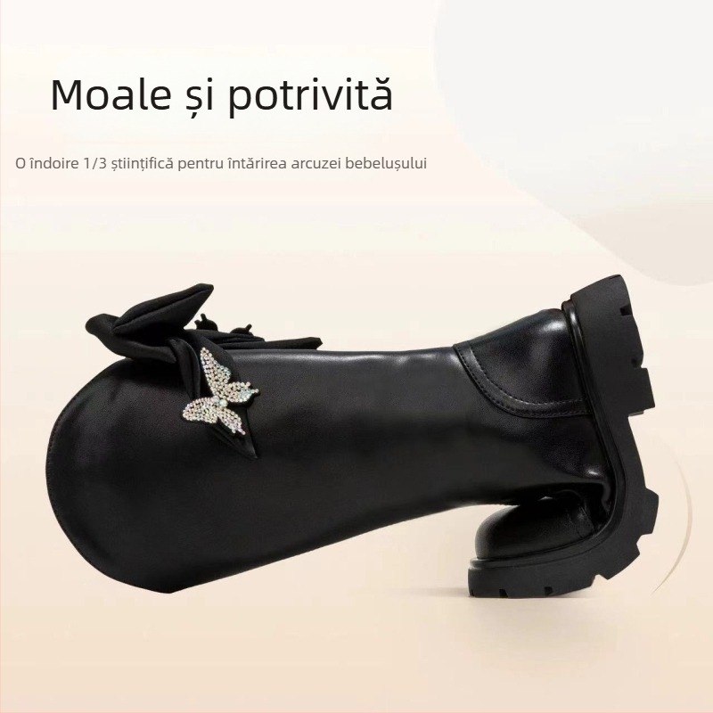 Cizme pentru fete, până la genunchi, cu căptușeală de fleece, partea superioară din piele microfibră, talpă din cauciuc, fermoar lateral