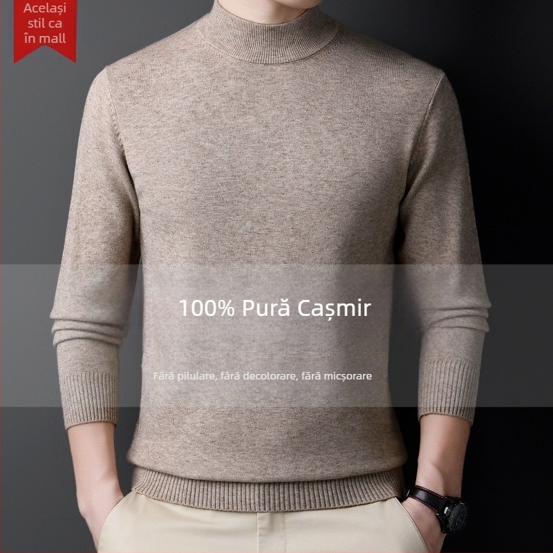 Pulover din cașmir pentru bărbați — guler semi-înalt, croială lejeră, mâneci lungi, 95% cașmir, iarna 2024