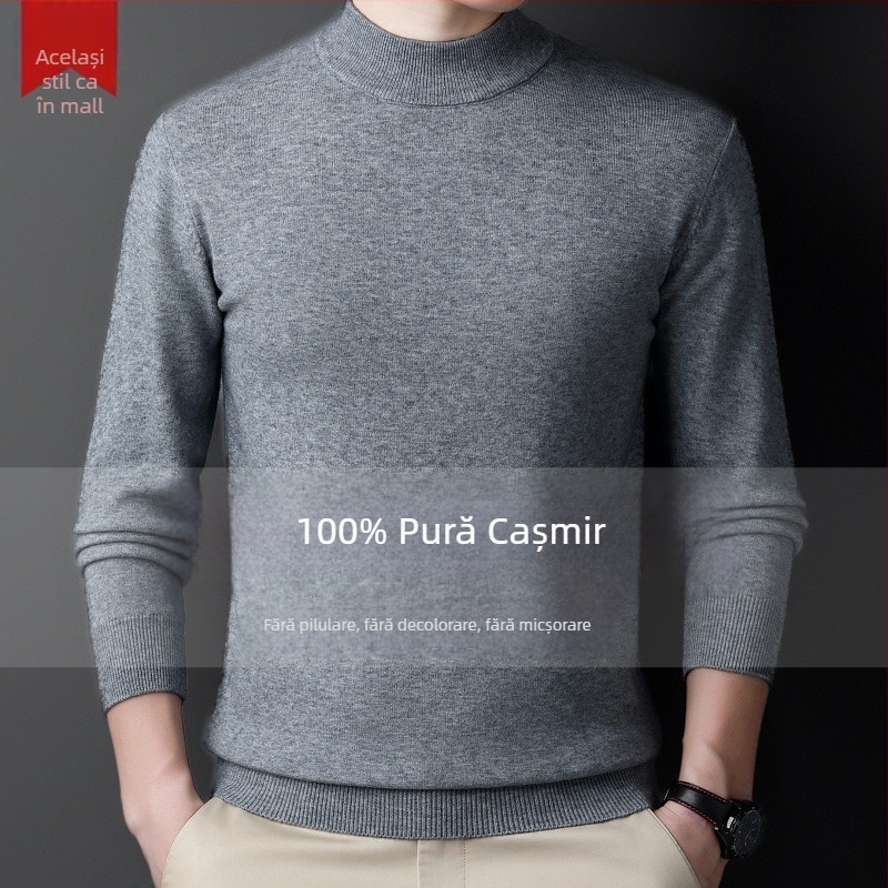 Pulover din cașmir pentru bărbați — guler semi-înalt, croială lejeră, mâneci lungi, 95% cașmir, iarna 2024
