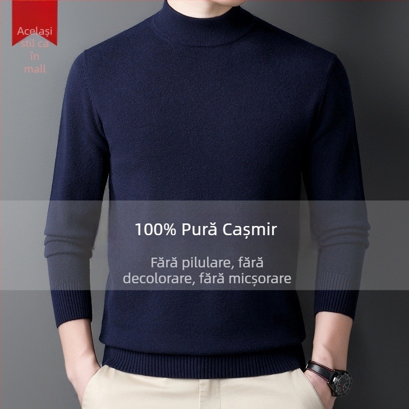 Pulover din cașmir pentru bărbați — guler semi-înalt, croială lejeră, mâneci lungi, 95% cașmir, iarna 2024