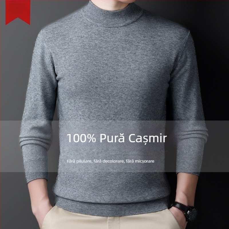 Pulover din cașmir pentru bărbați — guler semi-înalt, croială lejeră, mâneci lungi, 95% cașmir, iarna 2024