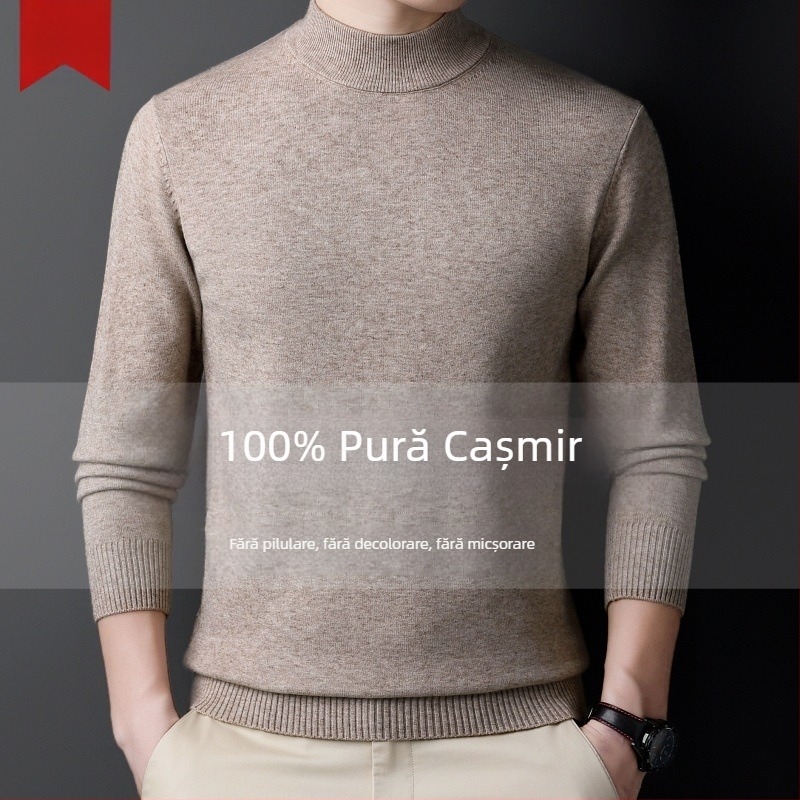 Pulover din cașmir pentru bărbați — guler semi-înalt, croială lejeră, mâneci lungi, 95% cașmir, iarna 2024